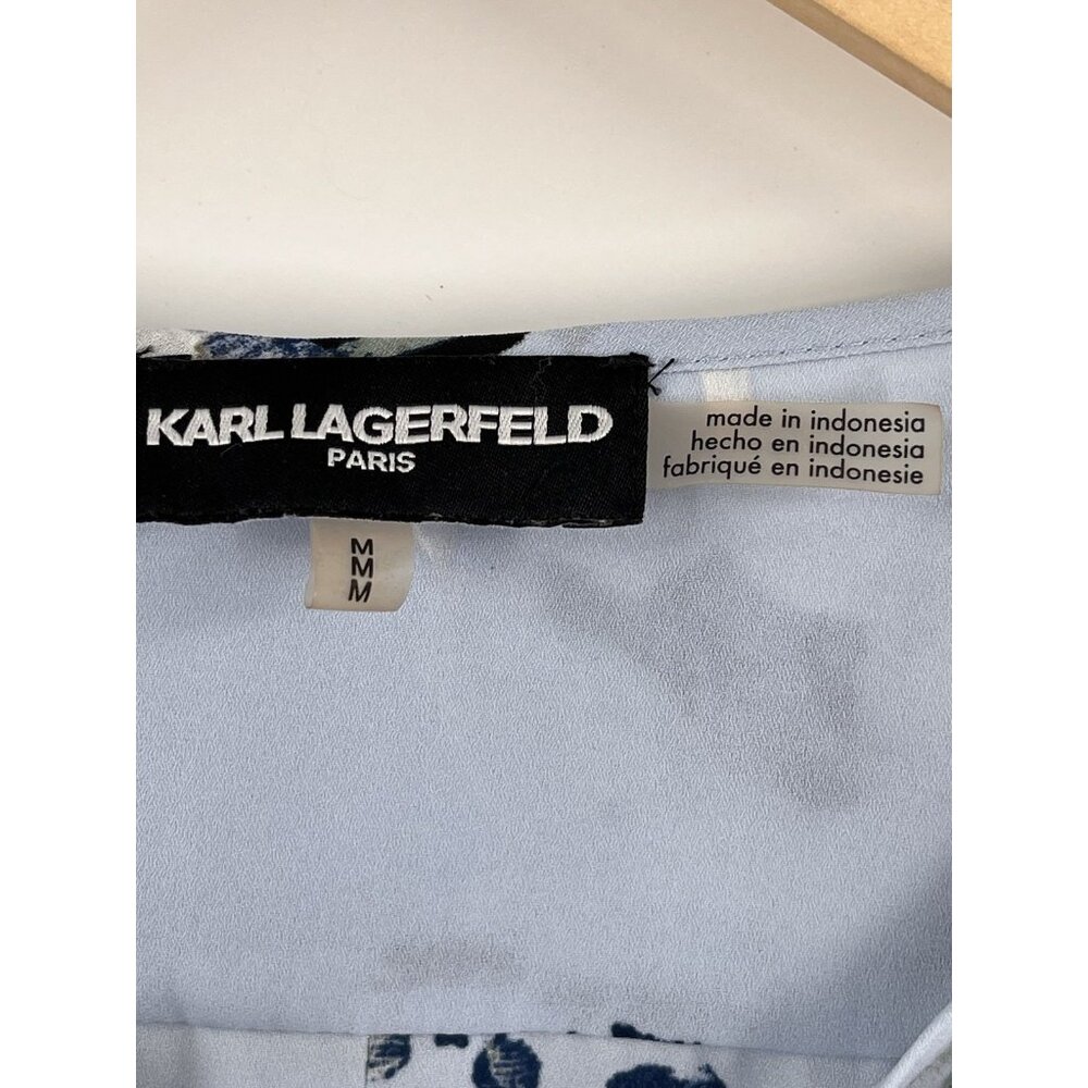 KARL LAGERFELD Women's Blue Floral Tie Neck 3/4 Sleeve Blouse Medium - Picture 3 of 6